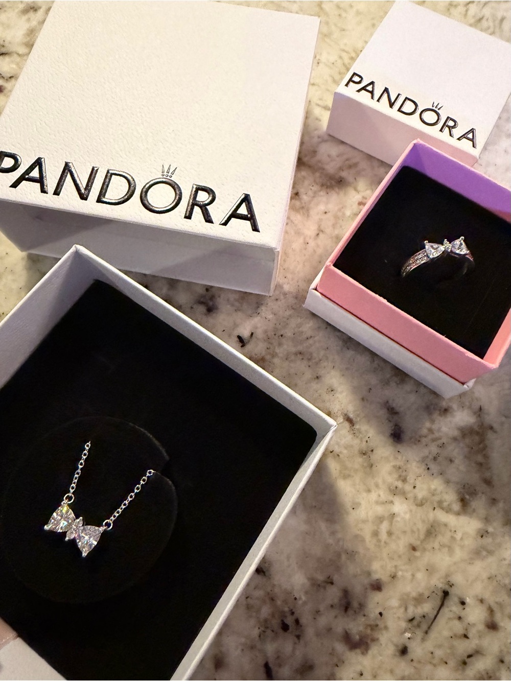 Pandora Silver Bow Necklace and Ring Set
